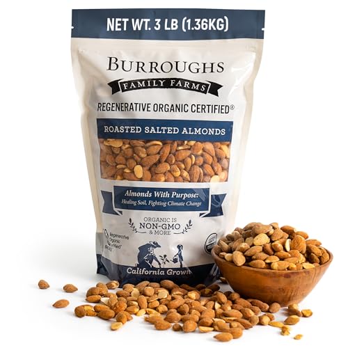 Burroughs Family Farms 3 lb Roasted Salted Almonds – USDA Organic, First Regenerative Organic Certified Almond Farm – 2x the Antioxidants and Vitamin B Versus Other Almonds – Lightly Salted & Perfectly Dry Roasted Almond Nuts