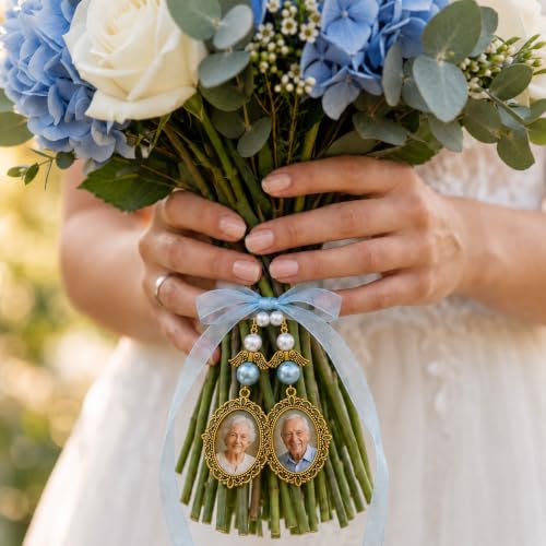 Image of MIXJOY Something Blue Gift for Bride, Wedding Day Bridal Blue Pearl Angel Wings Bouquet Garter Charm for Bride to Be