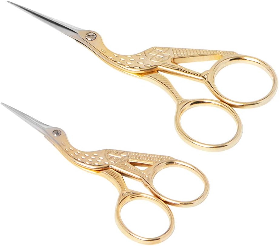 Asdirne Embroidery Scissors, Set of 2, Small Crane Sewing Scissors, Stainless Steel, Vintage Style, Suitable for Embroidery, Needlework, Sewing, DIY Crafts and Daily Use (Gold, 3.6inch+4.5inch)
