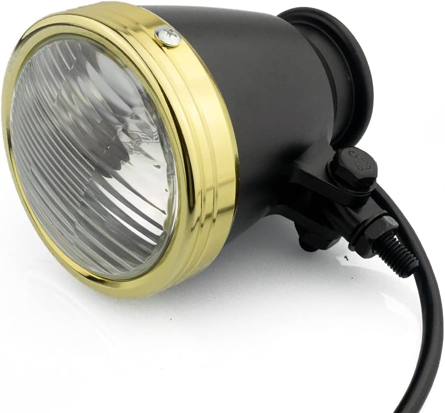 Boldness Motorcycle Headlight H4 Hi/Low Beam 4" Retro Head Light Spotlight Lamp 10mm Bottom Mount Black/Gold