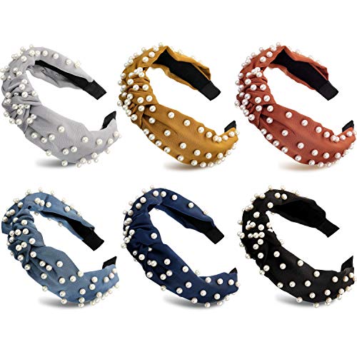 6 Pieces Pearl Headband Knot Turban Headband Silk Wide Headbands for Women and Girls (Style 2, Color Set 2)
