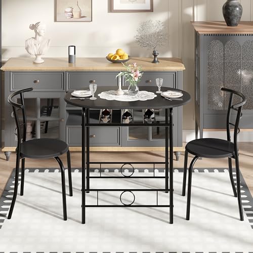 Image of VECELO 3-Piece Dining Table Set for Kitchen Breakfast Nook, Wood Grain Oval Tabletop and Metal Frame with Built-in Wine Rack, for Small Spaces, Black