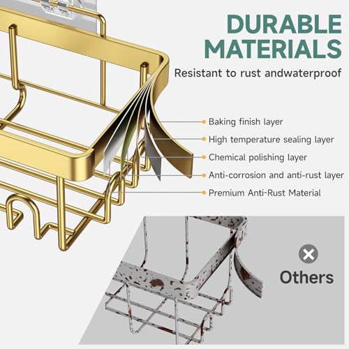 Veken Adhesive Shower Caddy 6-Pack,Gifts for Women Mom,Heavy Weight Bearing,Large Wall Mounted Bathroom Shelves Rack,Organizer Storage Accessories with Soap Dish&Toothbrush Holder,Bright Gold