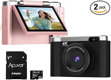 4K Digital Camera for Photography with Autofocus, 48MP Vlogging Camera for YouTube, 64GB SD Card, 2.8" Flip Screen, Compact for Travel with 8X Zoom, Flash, Anti-Shake, Rechargeable Battery (Pink)