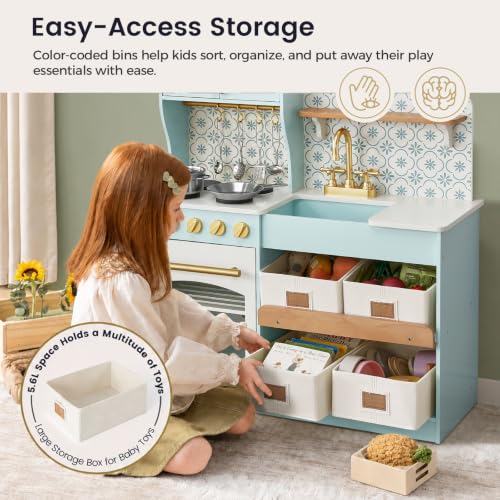 Image of Tiny Land Wooden Play Kitchen for Kids with Toy Storage for Pretend Play