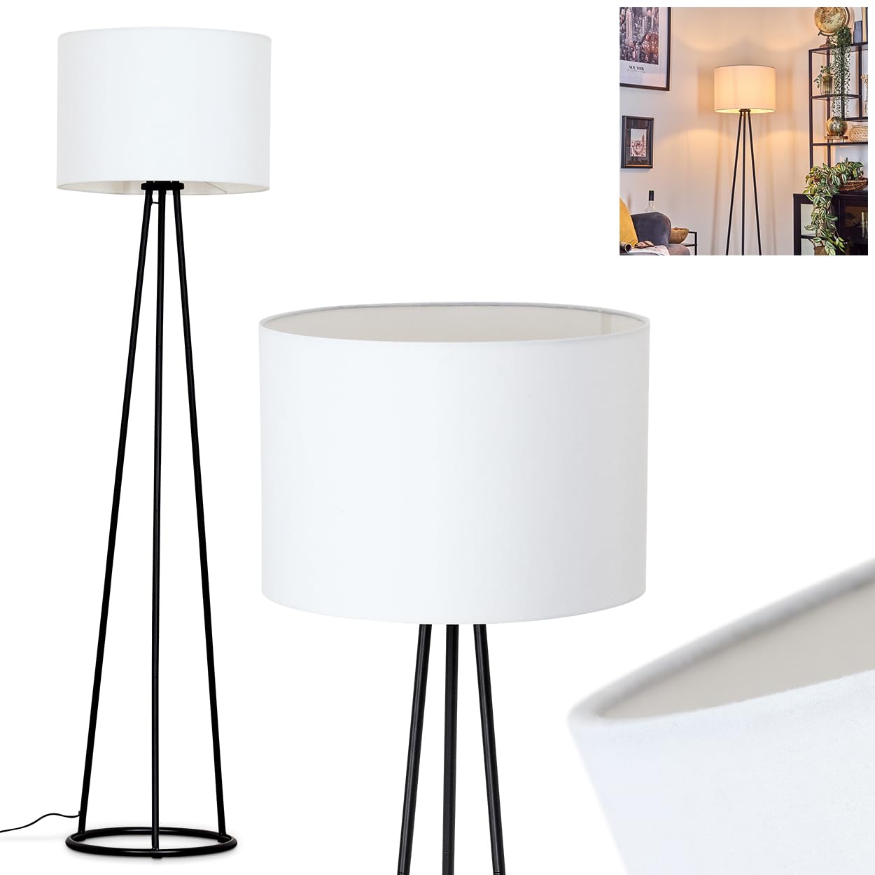 Stehleuchte Bassagoda, Stehlampe aus Metall/Stoff in Schwarz/Weiß, Leuchte im modernen Design mit rundem Schirm (Ø 40 cm) u. Fußschalter, Höhe 152 cm, 1 x E27, ohne Leuchtmittel