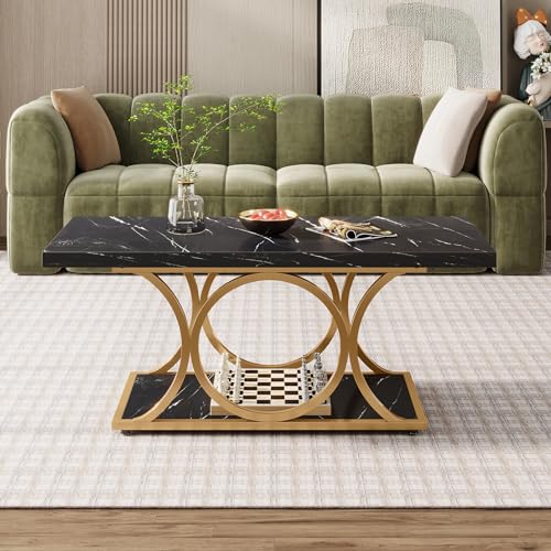 Tribesigns Rectangle Coffee Table, 47.24-inch Modern Coffee Tables for Living Room, 2-Tier Faux Marble Wood Coffee Table with Geometric Metal Legs, Furniture with Storage Shelf (Black & Gold) - Image 4