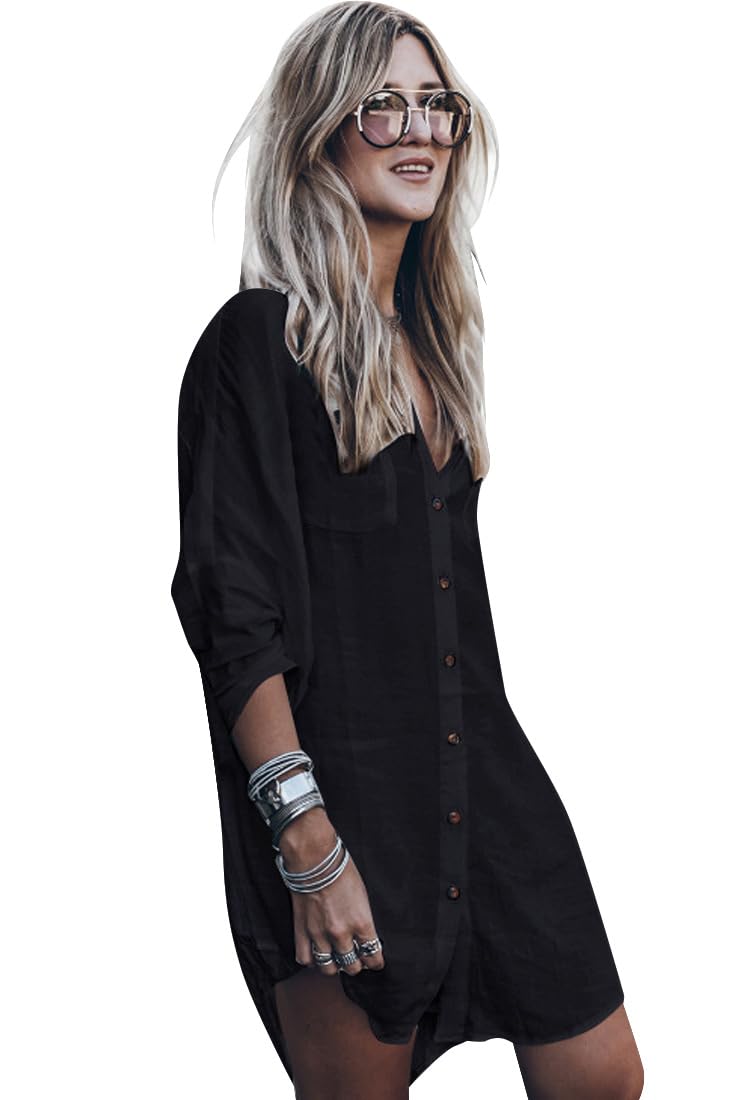 UMIPUBO Blusas y Camisa Mujer Manga Larga Cuello en V Túnica Casual Tops Sueltos Primavera Otoño Invierno Blusa Superior Irregular de Gran tamaño con Bolsillo con botón