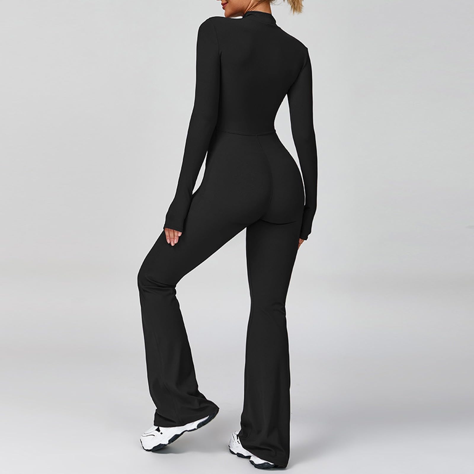 Combinaison à manches longues avec jupe évasée et fermeture éclair pour femme, combinaison élégante avec jambes larges, combinaison polyvalente de yoga pour activités sportives, loisirs, catsuit