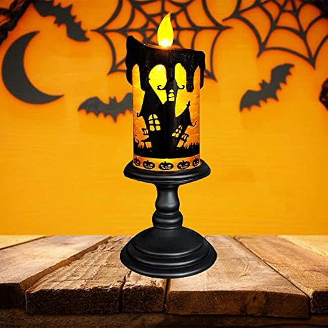 Eldnacele Halloween Snow Globe Candles Lighted Lamp, Battery Operated Spooky Spinning Water Glittering Tornado Candle Flameless Candles Table Centerpiece for Halloween Decoration Indoor(Castle)
