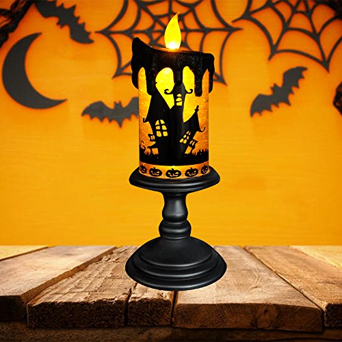 Image of Eldnacele Halloween Snow Globe Candles Lighted Lamp, Battery Operated Spooky Spinning Water Glittering Tornado Candle Flameless Candles Table Centerpiece for Halloween Decoration Indoor(Castle)