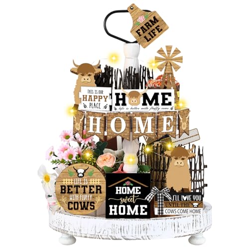Soaoo 16 Pcs Highland Cow Tiered Tray Decor Gnome Plush Tray Decor Farmhouse Rustic Wood Table Signs with String Lights for Holiday Table Centerpieces Home(Highland Cow)