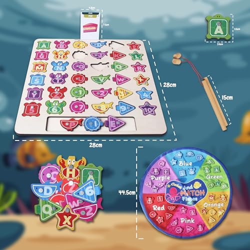 Image of Lefan Wooden 3in1 Fishing Rope Game - Educational Toys for 3 Year Old - Magnetic Rope, Spelling Learning, ABCD for Kids, Color and Shape Sorting, Montessori Kids Activity Toys, 2 Years