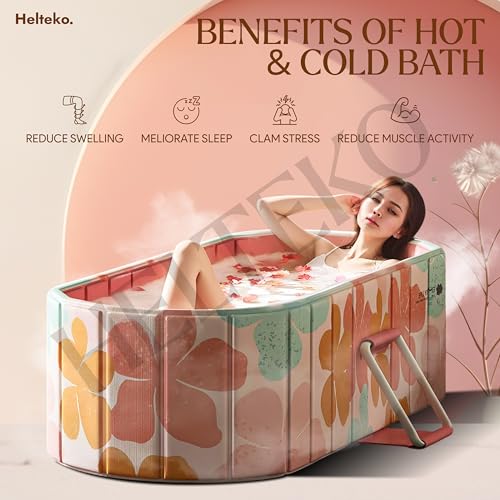 Image of Helteko Bath Tub for Adult for Bathroom, Foldable Tub for Home Use with Drainage Hole, Thickened Insulated Ice Bath Tub, Inflatable BathTub for Adults, Ice BathTub for Adults (Pink Flower)