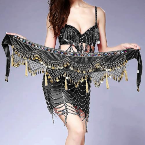 Women's Triangle Style Belly Dance Coin Scarves Hip Wrap Tassel Belt Skirt with Loud-sound Gold Coins2