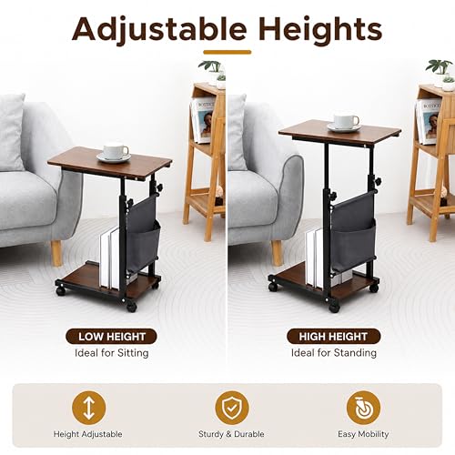 Image of ANT ESPORTS BRAVO CD500 (WALNUT) Adjustable Laptop Table with Wheels & Storage Pocket, 48x30cm Wooden Top,Height Adjustable 60-80cm Rolling Side Desk for Bed, Sofa, Study, Home Office & Work From Home