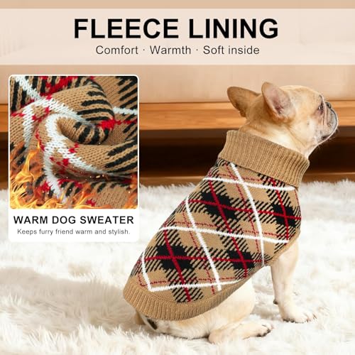 Image of BEAUTYZOO Small Dog Sweater, Plaid Knit Winter Clothes with Harness Hole