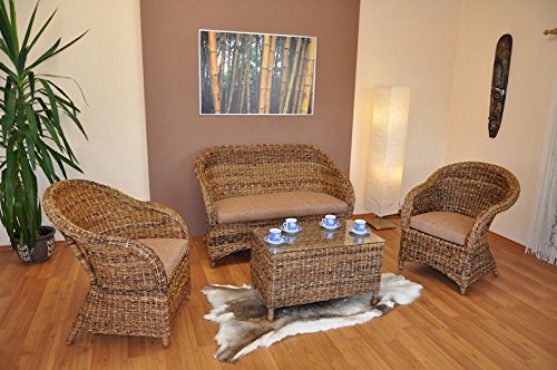 Preisvergleich Produktbild Rattangarnitur Aprillia Bananenblatt, Rattansofa, 2 Rattansessel + Rattantisch, inkl. Polster