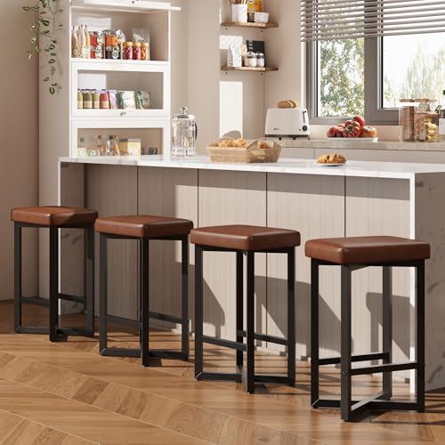 IDEALHOUSE Bar Stools Set of 4 24.6 Counter Height Backless Barstools Upholstered PU Leather Seats with Metal X-Frame & Footrest Modern Kitchen Stools for Home Bar Dining Room Brown