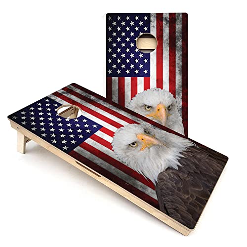 Skip's Garage Eagle USA Flag All-Weather PVC Cornhole Boards - Includes (2) Boards (Resin Bags) + (2) Hole Lights & (2) Edge Lights