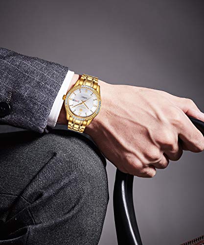 Image of BINLUN Men's Automatic Gold Watches 18K Gold Plated Diamond Mechanical Watch Waterproof Stainless Steel Skeleton Wrist Watch for Men