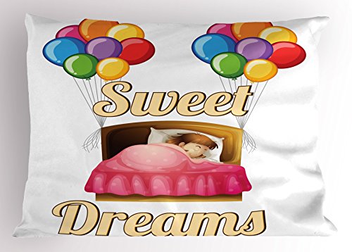 Ambesonne Saying Pillow Sham, Cartoon Girl Sleeping in Bed with Colorful Balloons Night Time Illustration, Decorative Standard Size Printed Pillowcase, 26