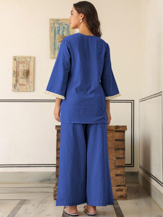 Greciilooks Polycotton Ethnic Mid-Thigh Length Stylish | Festive Travel Co Ord Kurta Set For Women (Gl-W2048&Tr1023_Blue_S)