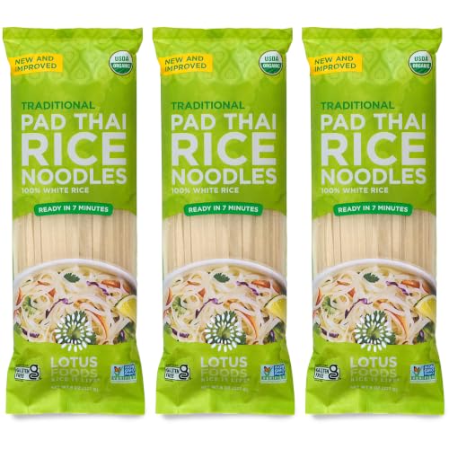 Lotus Foods Traditional Pad Thai Rice Noodles - Pad Thai Noodles, Asian Noodles, Gluten Free Noodles, Rice Noodles, Whole Grain, Non GMO, USDA Organic - 8 Oz (Pack of 3)
