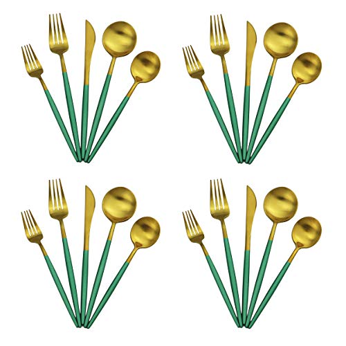 Gugrida 20-Piece 1810 Stainless Steel Flatware Silverware Luxury Dinnerware Set Travel Cutlery Tableware Include Knife Fork Spoon Service for 4 Dishwasher Safe Green Handle Matte Gold