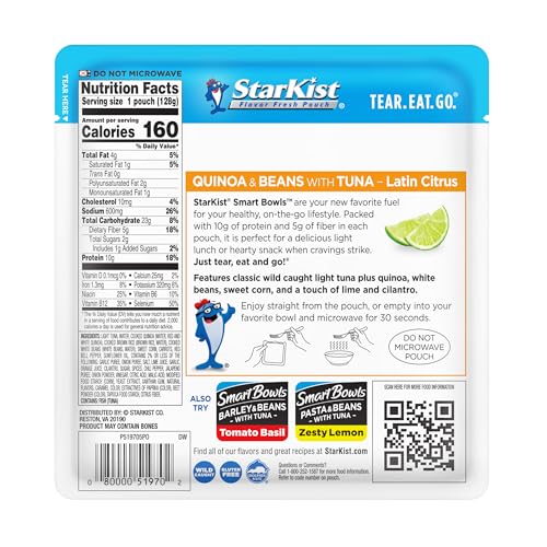 Image of StarKist Smart Bowls Latin Citrus Tuna, 4.5oz Pouch, 12-Pack | Features Quinoa and Beans, Wild Caught Light Tuna, No Draining, Ready to Eat