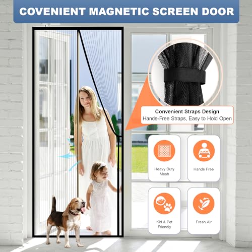 Image of METAONLY Magnetic Screen Door Mesh, Works for Patio, Sliding Door, Keeps Bug Mosquito Out, Fresh Air Flow, Fits 31 inch x 81 inch Door - Curtain Size 33 inch x 83 inch, Black with Stay-Open Straps