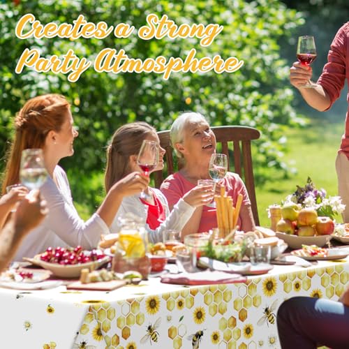 Image of Ganeen 3 Pcs Bee Party Tablecloth Disposable Plastic Table Covers Sunflower Waterproof Tablecloths for Birthday Bee Themed Party Decor, 54 x 108 Inch