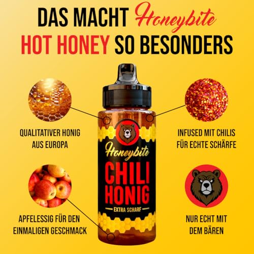 Hot Honey Extra Scharf | Chili Honig Extra Scharf | Hot Sauce | Extra Spicy Honey | Pizza Honig mit echten Chilis - Glutenfrei | 340 Gramm