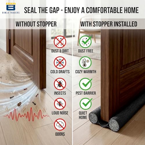 Image of Door Draft Stopper PVC Size 42Inch | Under Door Dust & Noise Blocker | Cold & Heat Insulation Strip | Door Gap Sealer for Home Doors & Windows | Easy Install | Black | Pack of 3