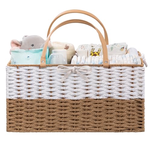 Image of HBlife Large Baby Diaper Caddy Organizer, Paper Rope Storage Baskets Nursery Bin with Removable Divider, Portable Car Organizer for Diapers, Baby Shower Gifts, Newborn Essentials Must Haves