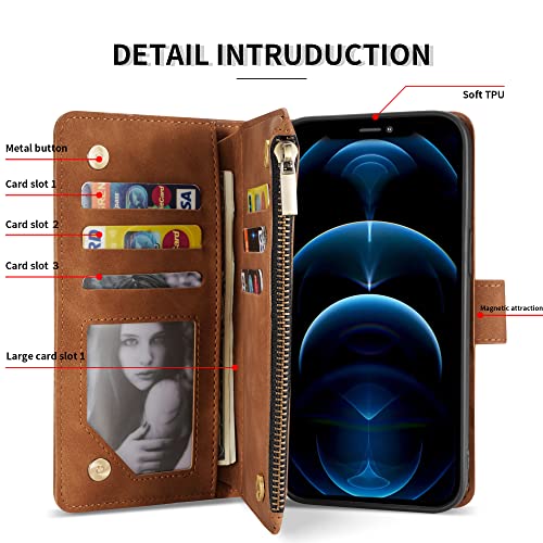 ZZXX for iPhone 12/12 Pro Wallet Case Zipper Pocket 6.1 inch,Brown - image 4