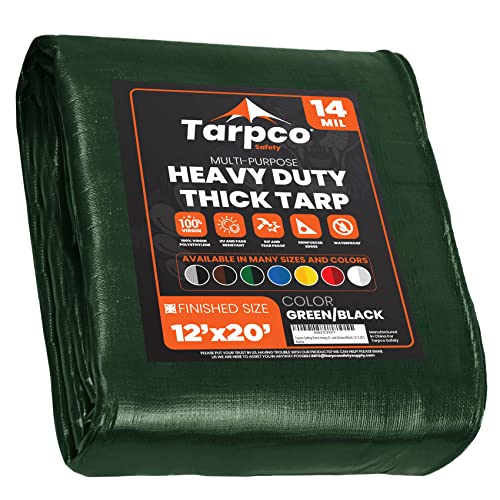 Image of Extra Heavy Duty 14 Mil Tarp Cover, Waterproof, UV Resistant, Rip and Tear Proof, Poly Tarpaulin with Reinforced Edges for Roof, Camping, Patio, Pool, Boat (Green /Black 12′ X 20′)