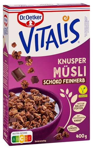 Dr. Oetker Vitalis Knusper-Müsli Schoko Feinherb 6er Pack Frühstücksmüsli mit Zartbitter-Schokolade und Vollkorn-Haferflocken mit Kakao 6 Packungen á 400 g feinherbes Schokoladen-Müsli