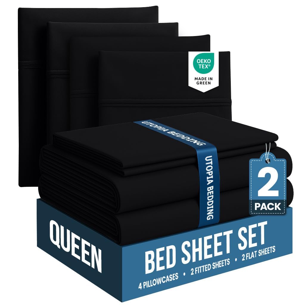 Utopia Bedding Queen Bed Sheets Set - Pack of 2 Sheet Sets - Perfect for Spa, Hotel, & Guest Bedroom - Brushed Microfiber - Shrinkage and Fade Resistant - Easy Care (Black)