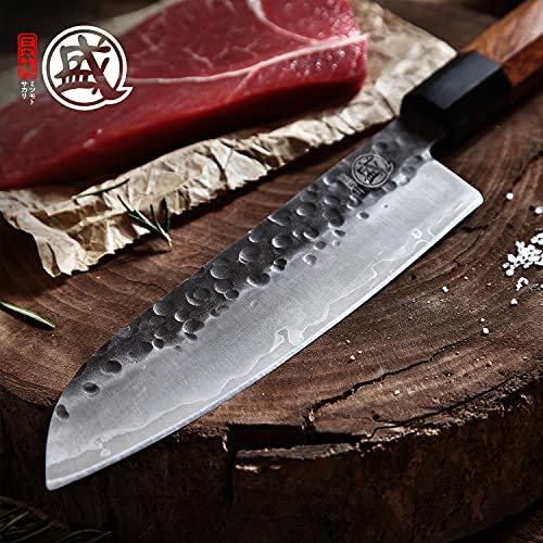 Mitsumoto Sakari 7 Inch Japanese Santoku Chef Knife, High Carbon Stainless Steel Kitchen Cooking Knife, Professional Hand Forged Chef's Knives (Rosewood Handle & Gift Box) #TOP7