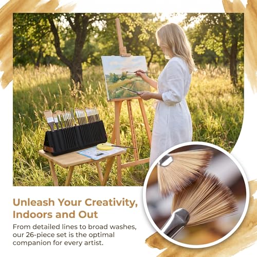 Image of 26pcs Paint Brush Set, Includes Flat, Filbert, Fan, Dagger, Cat Tongue, Round, Angle, Rigger & Palette Knife, Travel Paint Brushes for Acrylic Painting, Watercolor, Oil, Canvas, Face Painting