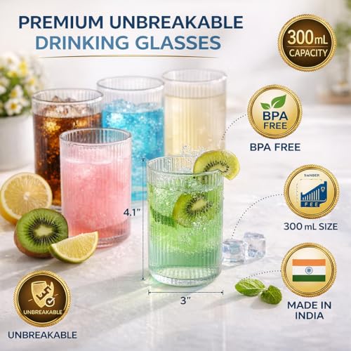 Image of AKX Unbreakable Transparent Plastic Glass Set of 6 (300 ml) | Casa Style Ribbed Drinking Glasses for Water, Juice, Faluda, Milkshake | BPA Free Reusable Drinkware | Made in India