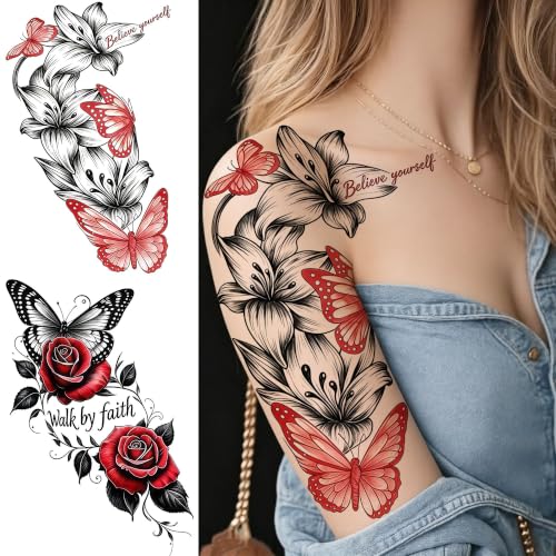 Image of VANTATY 4 Sheets Large Watercolor Flower Lily Temporary Tattoos For Women Adults Arm Thigh Tattoo Sticker, Realistic Floral Butterfly Rose Fake Tattoos Body Art Hips Buttock Makeup Tatoos Long Lasting