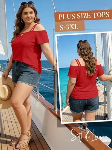 Image of Bliwov Womens Cold Shoulder Tops Short Sleeve Cute Sexy Summer Spring Beach Vacation T Shirts Fashion Outfits Basic Clothes
