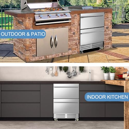 Image of Velivi 24'' Drawer Fridge Under Counter Beverage Refrigerator with Wheels | Outdoor for Patio, Stainless Steel Weather-Proof, Freestanding or Built-In Installation, Ideal for Home and Commercial Use