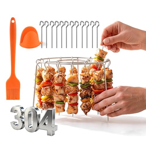 Vertical Air Fryer Skewer Rack Stainless Steel Skewer Rack for Air Fryer 360 Even Cooking Round Hanging Kabob Rack for Meat Chicken Vegetable BBQ Grill (12 Skewer Set B)