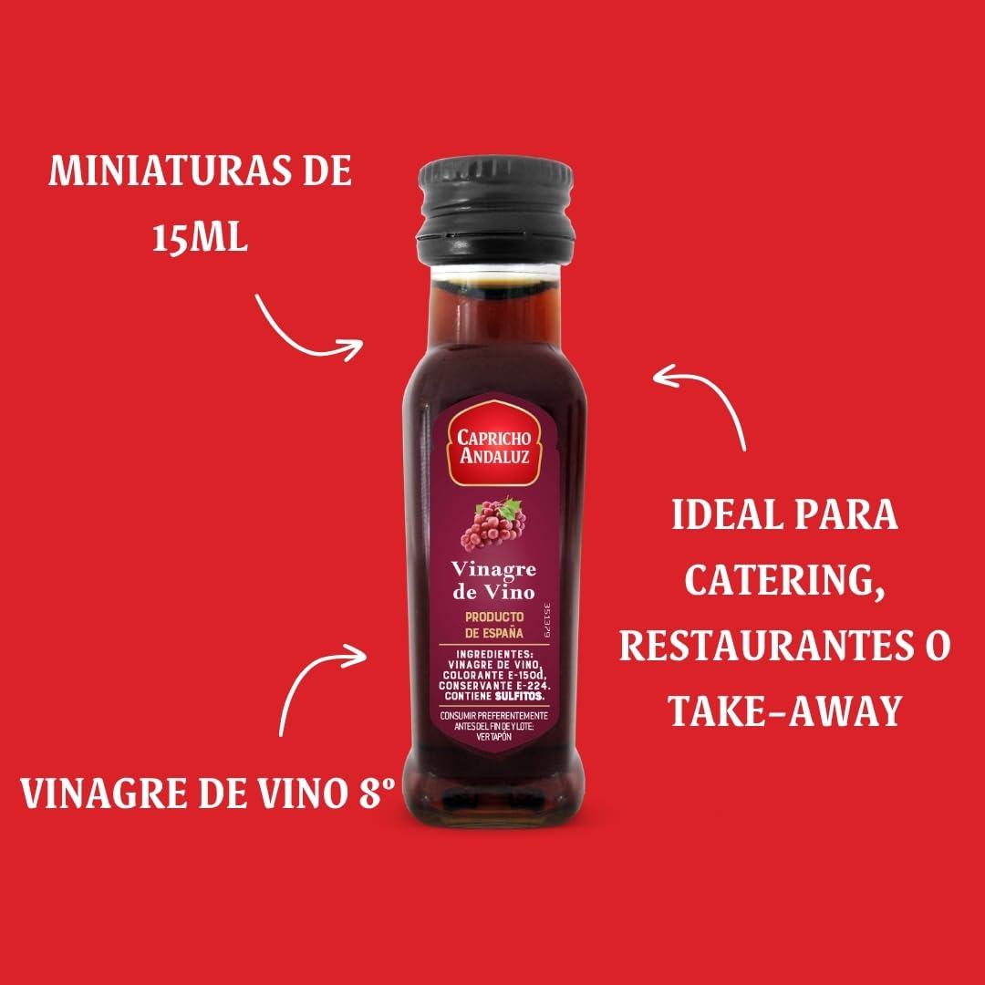 Capricho Andaluz - Vinagre de Vino 8º Pack de 55 unidades Miniatura PET de 15 ml, Sabor Auténtico con un Formato Práctico para Porciones Individuales y Uso en Restauración