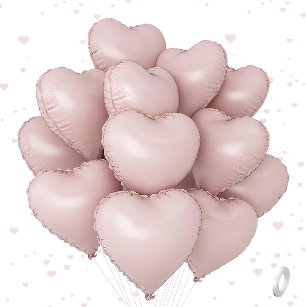 Samyosaien 10Pcs Pink Heart Balloons, 18 Inch Foil Heart Balloons with Self-Adhesive Dots & Inflation Tube for Women Birthday, Bridal Wedding, Hen Party, Anniversary Party Decorations