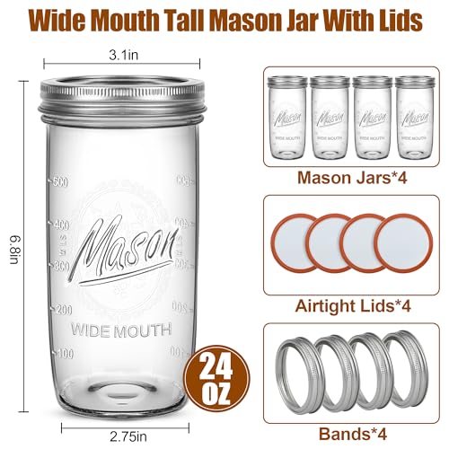 Jeitae 24oz Wide Mouth Mason Jars – 4 Pack Reusable Glass Mason Jars with Airtight Lids for Canning, Pickling, Food Storage, Jam, Jelly, DIY Crafts – Dishwasher Safe