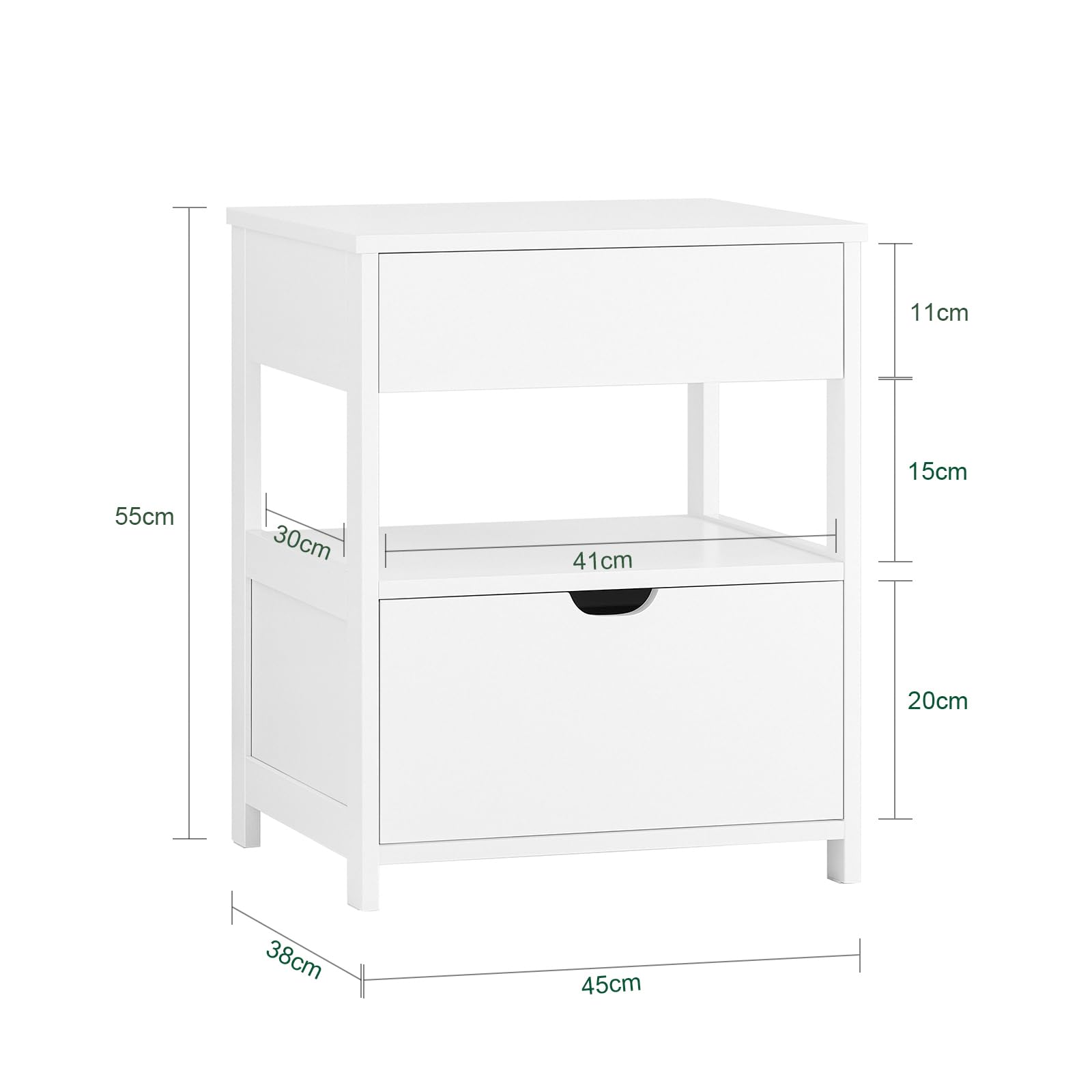 SoBuy Nachttisch mit 2 Schubladen und Ablage 45x38x55cm | Moderner Beistelltisch mit Stauraum für Schlafzimmer, Aufbewahrungsschrank Weiß FRG258-II-W